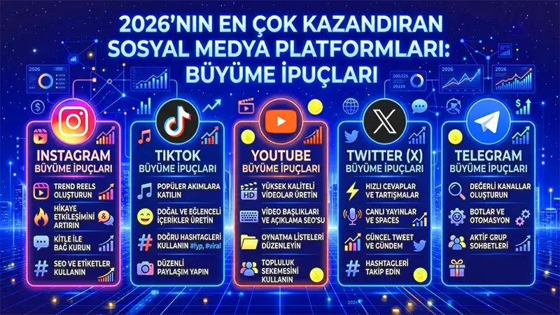 2026'nın en çok kazandıran sosyal medya platformları Instagram, TikTok, YouTube, Twitter ve Telegram için büyüme ipuçları infografik