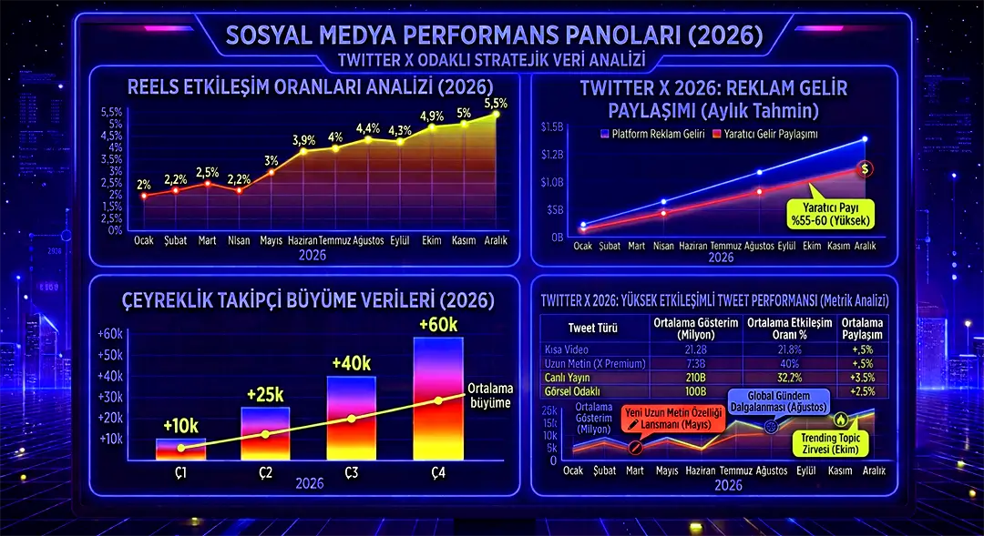 Twitter X 2026 reklam gelir paylaşımı ve yüksek etkileşimli tweet performans metrikleri