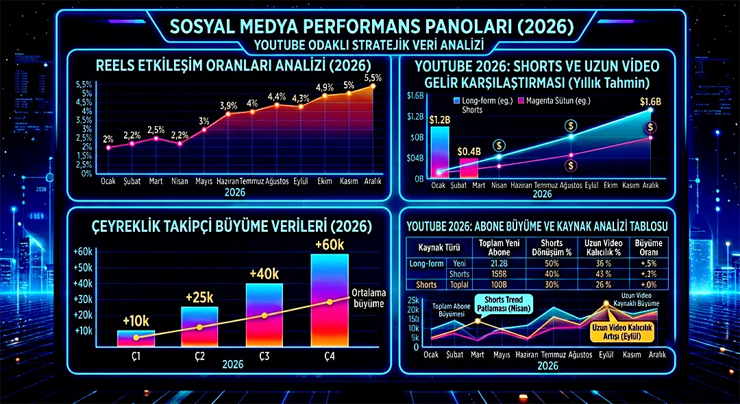 YouTube 2026 Shorts ve uzun video gelir karşılaştırması ile abone büyüme tablosu